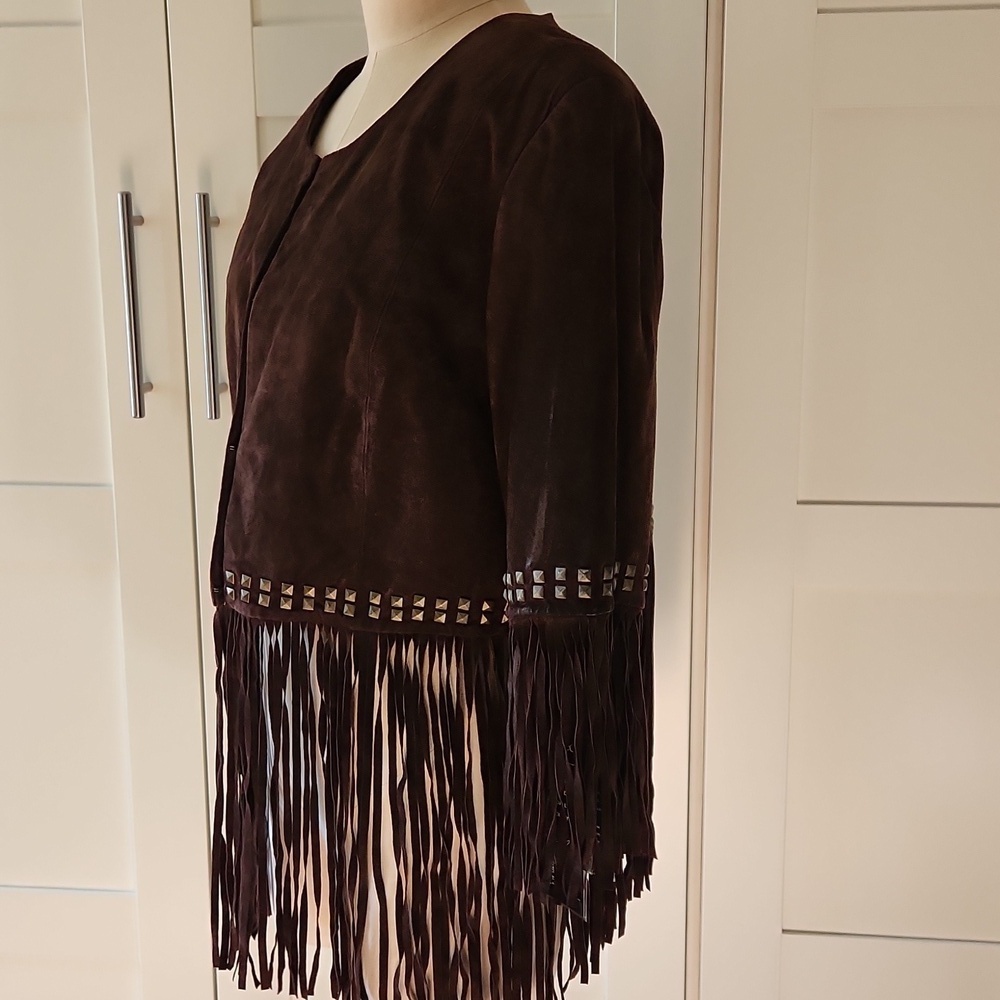 Pamela McCoy Couture Dark Brown Western Fringe Studded Crop Jacket Sz Large NWT - Picture 4 of 9